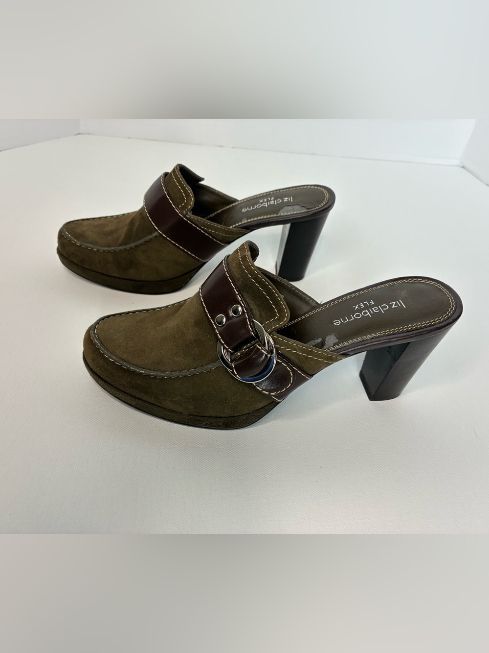 Liz Claiborne Olive Suede Mule Heels with Brown Leather Buckle